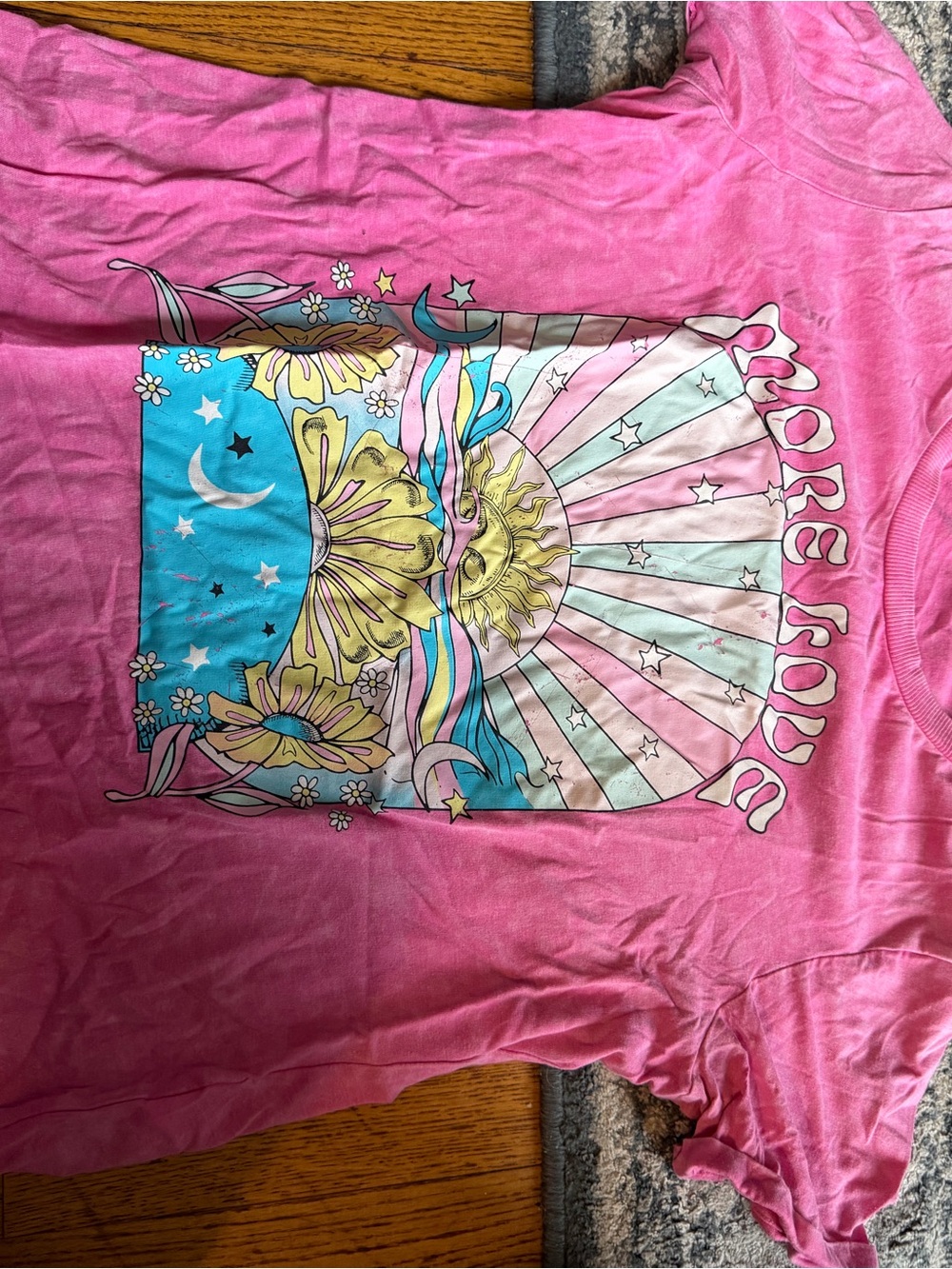 H&M Pink Graphic Tee with Sun, Moon & Floral Art